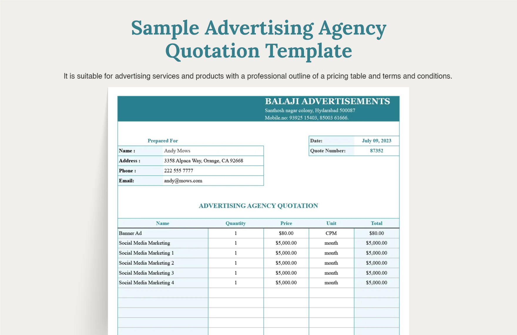 Sample Advertising Agency Quotation Template in Word, Google Docs, Excel, Google Sheets