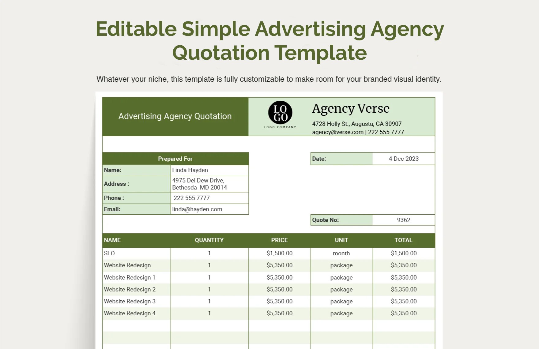 Free Editable Simple Advertising Agency Quotation Template in Word, Google Docs, Excel, Google Sheets