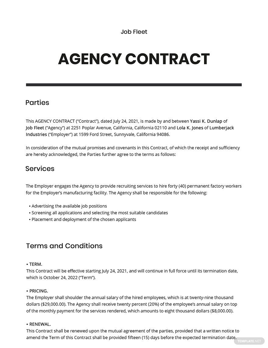Free Simple Agency Contract Template