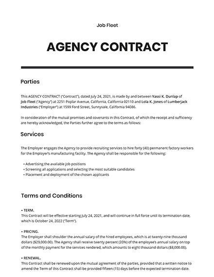 Free Simple Agency Contract Template Google Docs Word Template net