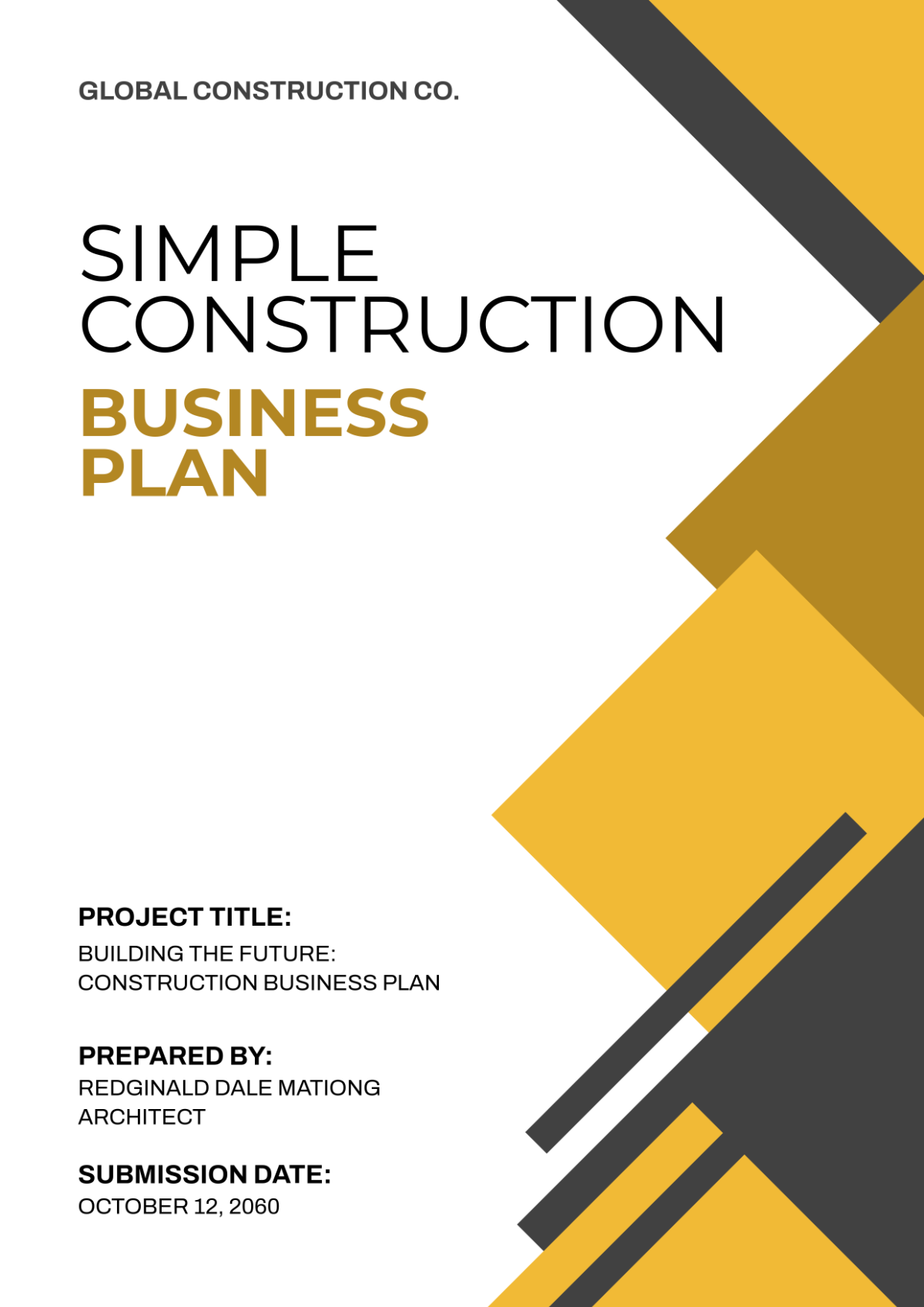 Free Simple Construction Business Plan Cover Page Template