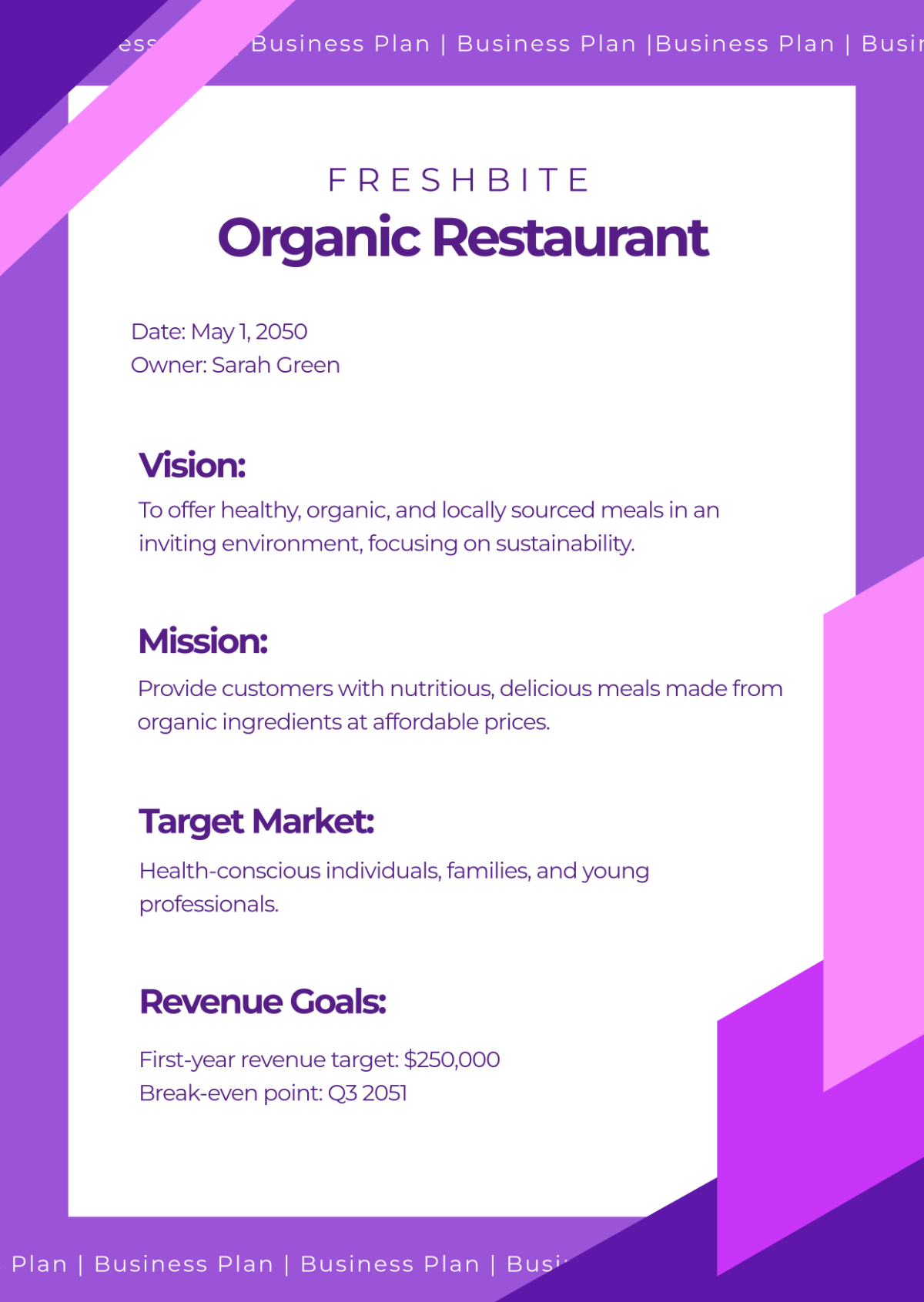 Free Purple One Page Business Plan Template
