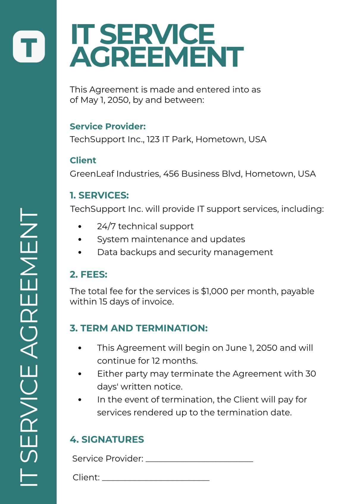Free One Page Service Agreement Template