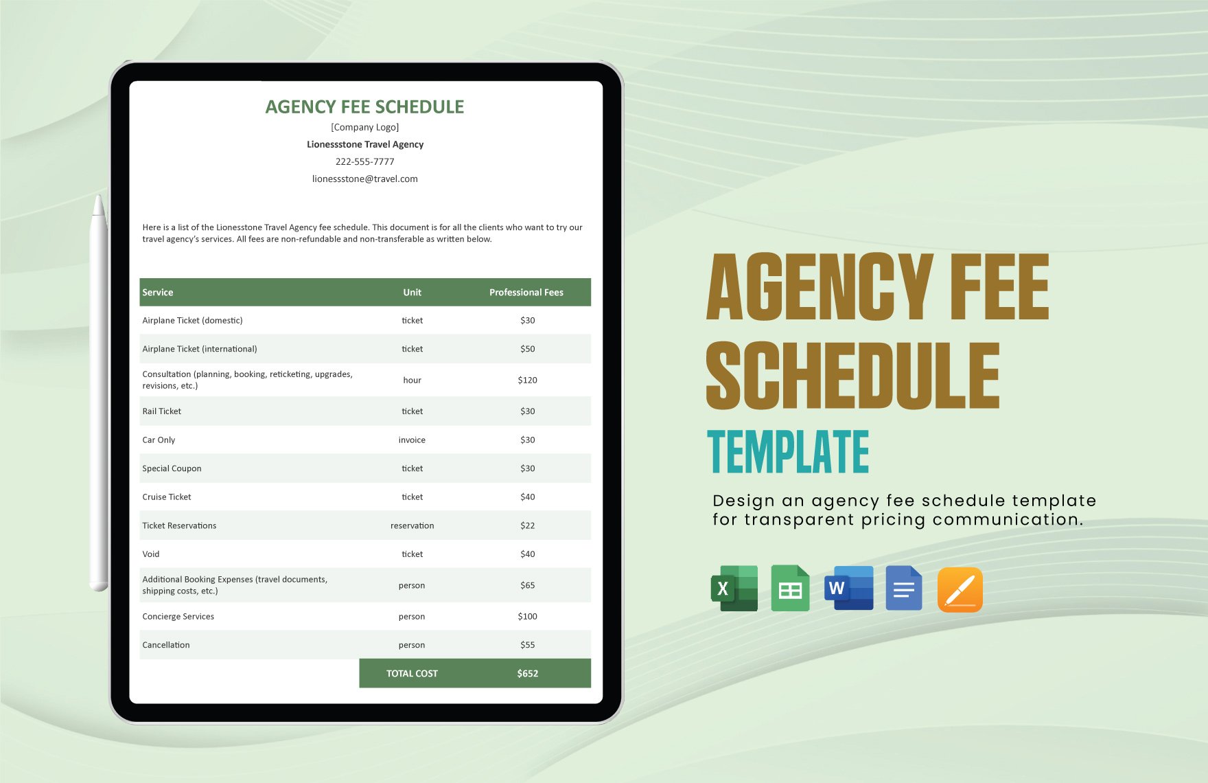 Agency Fee Schedule Template in Word, Google Docs, Excel, Google Sheets, Apple Pages