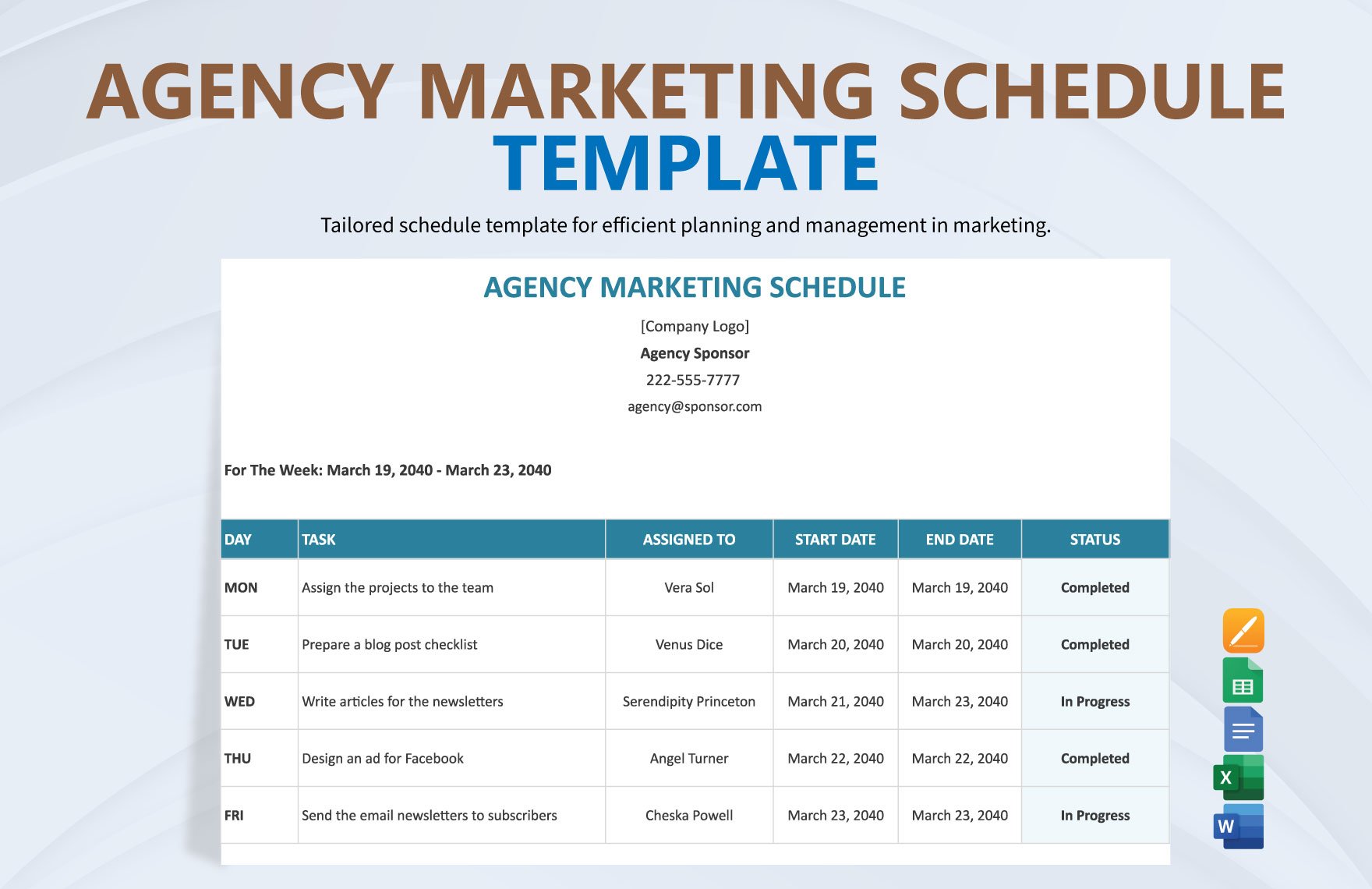 Free Agency Marketing Schedule Template in Word, Google Docs, Excel, Google Sheets, Apple Pages