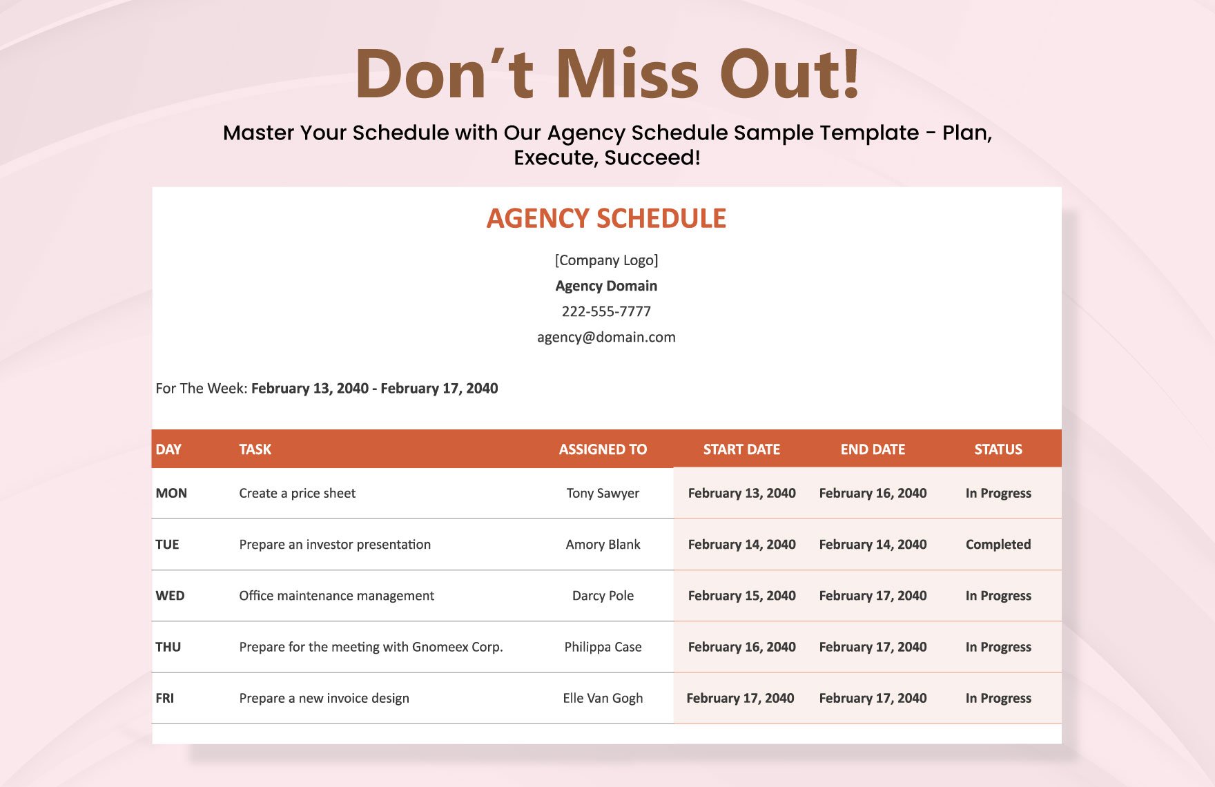 Agency Schedule Sample Template
