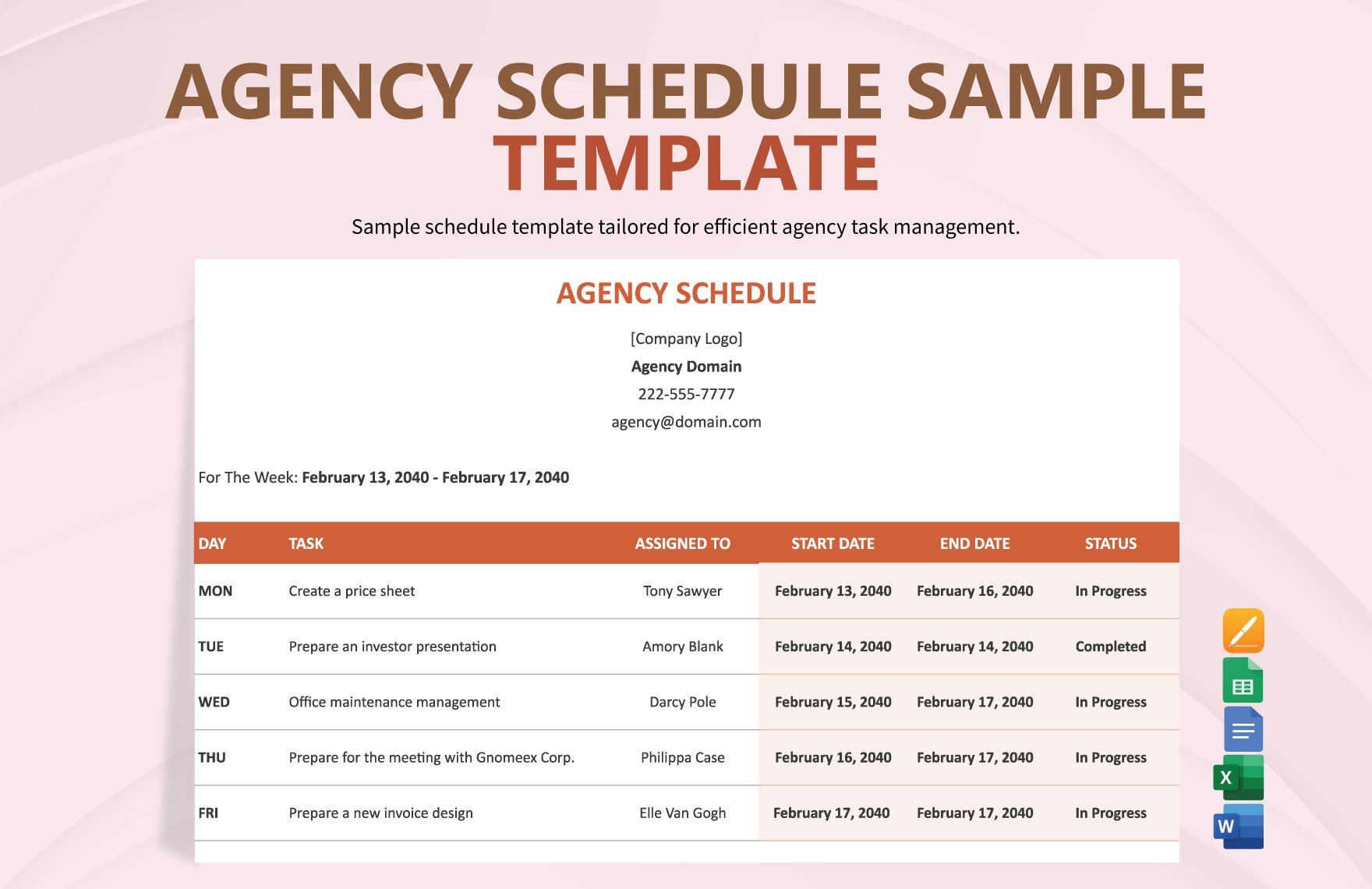 Agency Schedule Sample Template in Word, Google Docs, Excel, Google Sheets, Apple Pages