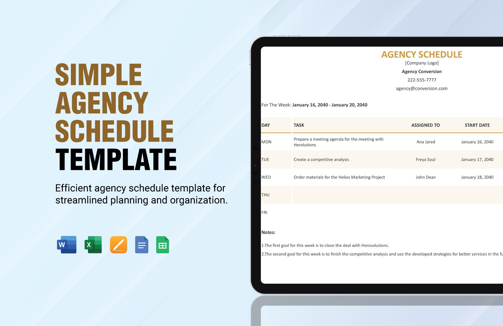 Simple Agency Schedule Template in Word, Google Docs, Excel, Google Sheets, Apple Pages