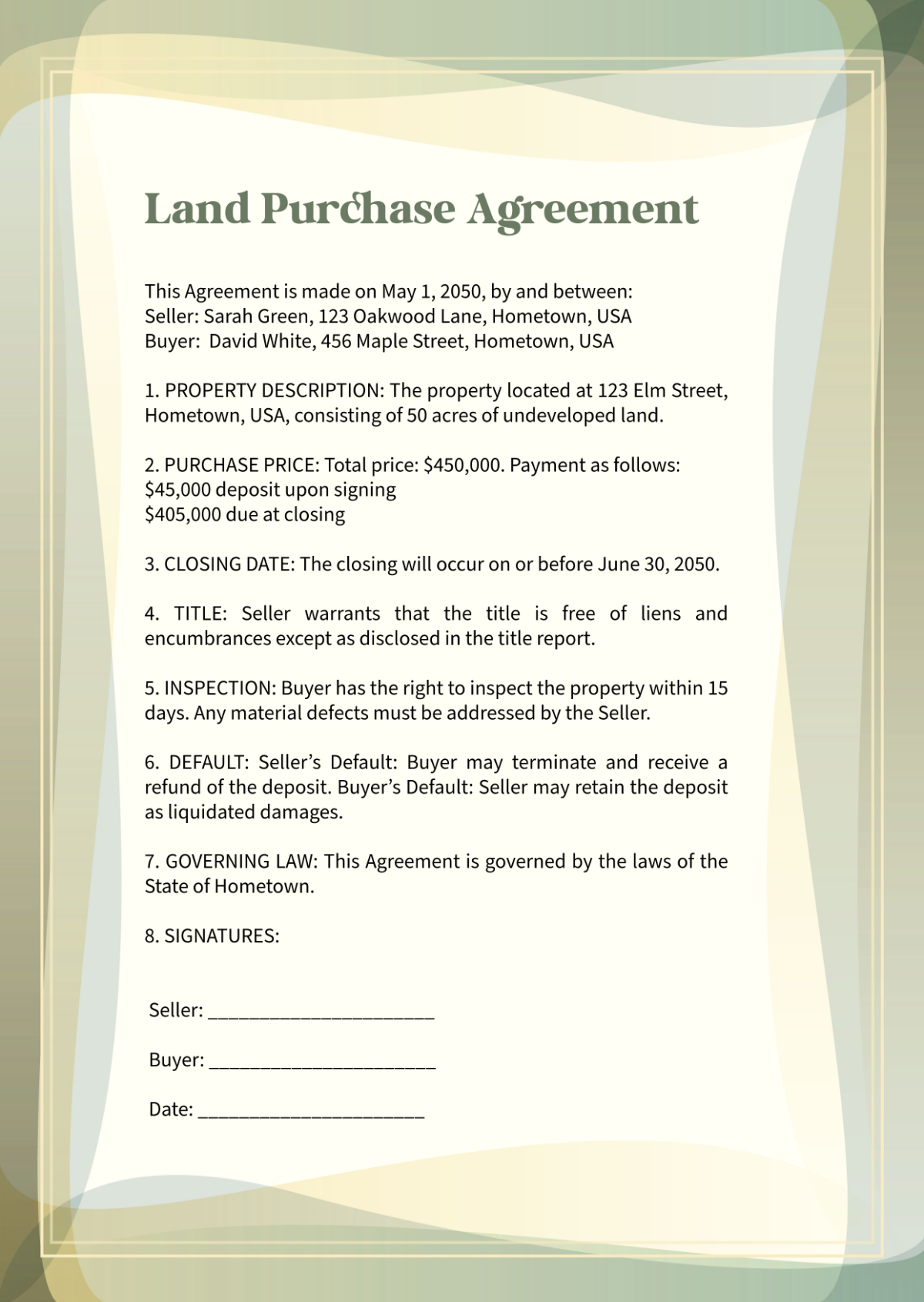 Free One Page Land Purchase Agreement Template