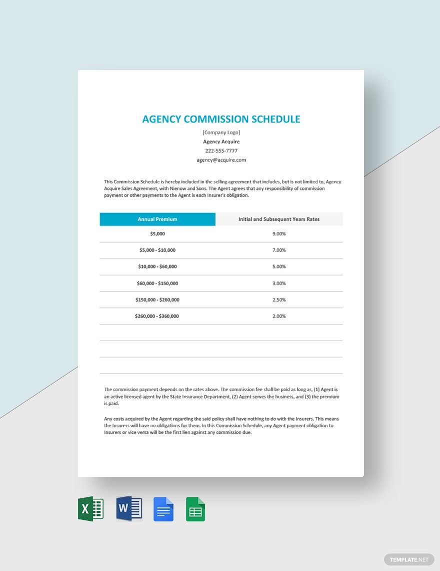 Agency Commission Schedule Template in Word, Excel, Google Sheets, Google Docs, Pages - Download | Template.net