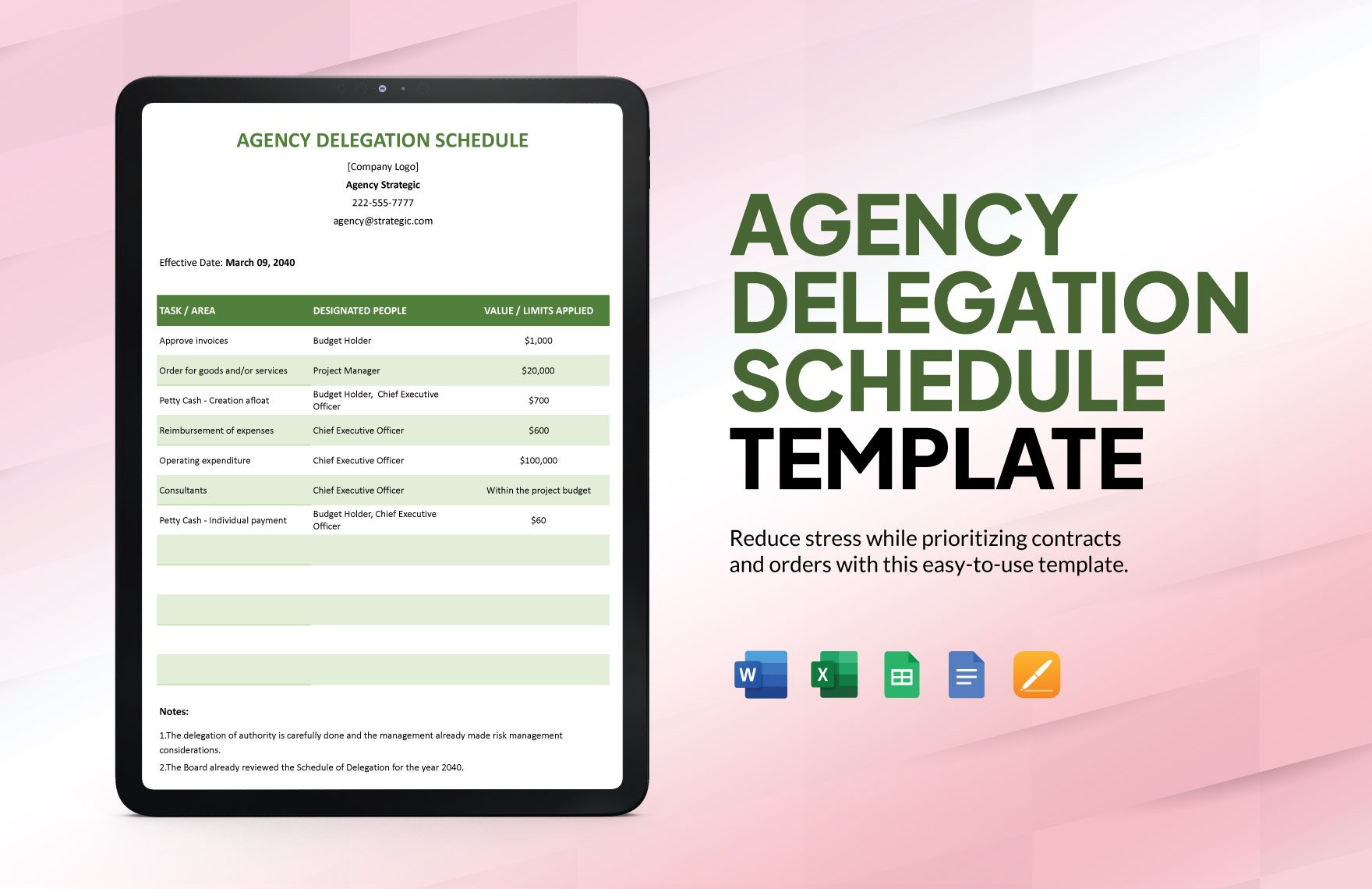 Free Agency Delegation Schedule Template in Word, Google Docs, Excel, Google Sheets, Apple Pages
