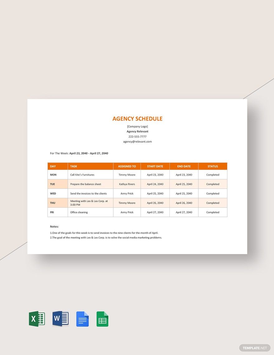 Agency Schedule Template in Excel, Word, Google Sheets, Google Docs, Pages - Download | Template.net