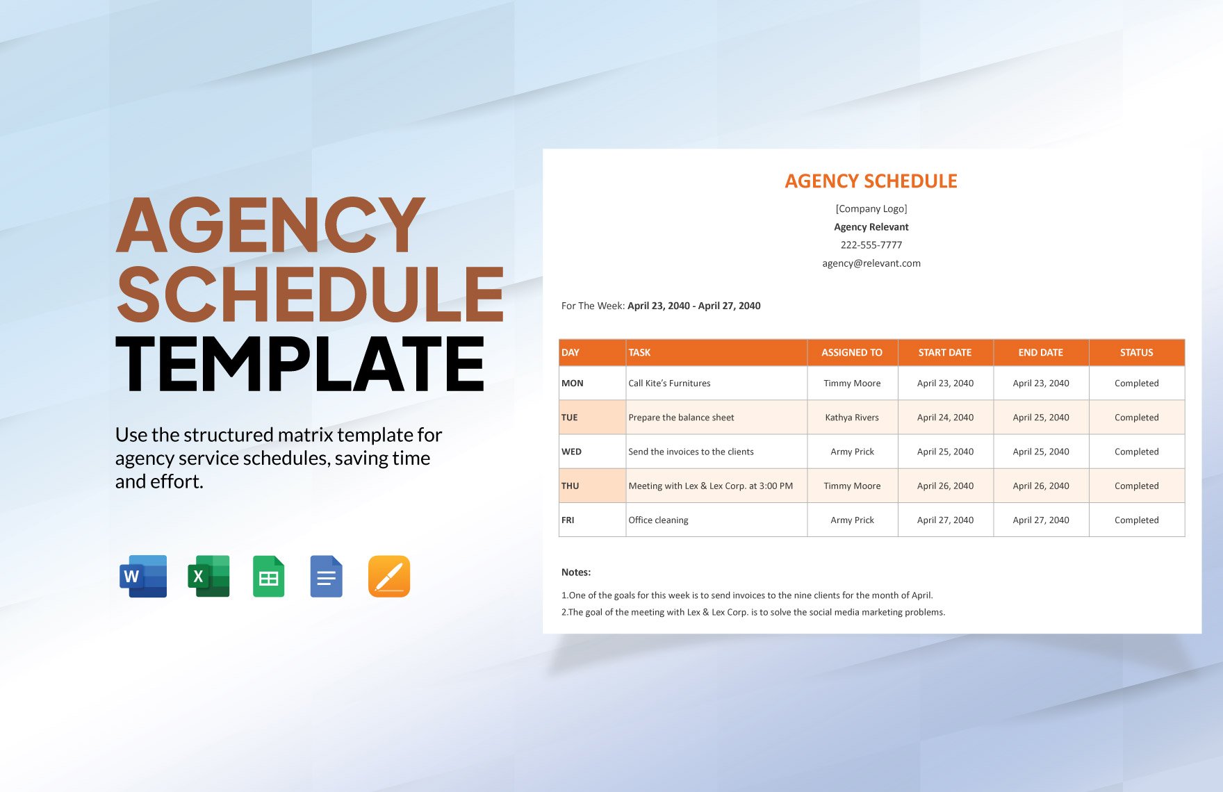 Agency Schedule Template in Word, Google Docs, Excel, Google Sheets, Apple Pages