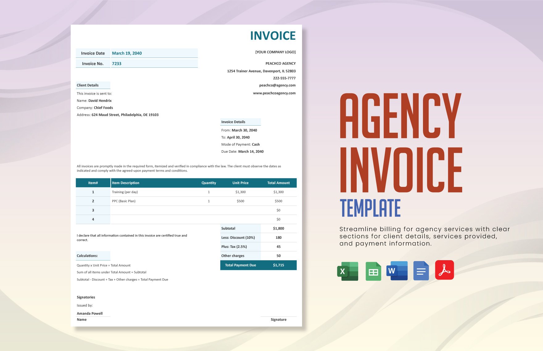 Agency Invoice Template in Word, Google Docs, Excel, PDF, Google Sheets