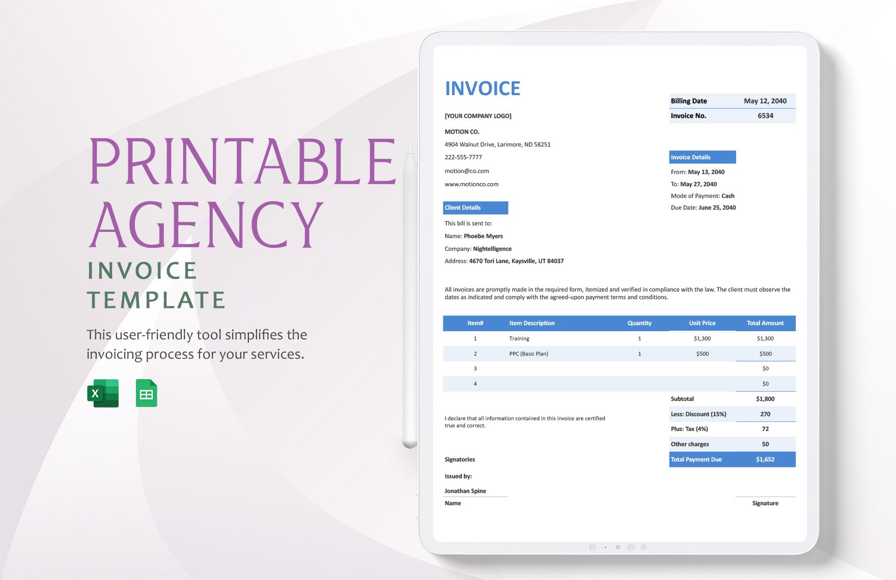 Printable Agency Invoice Template in Word, Google Docs, Excel, Google Sheets, Apple Pages