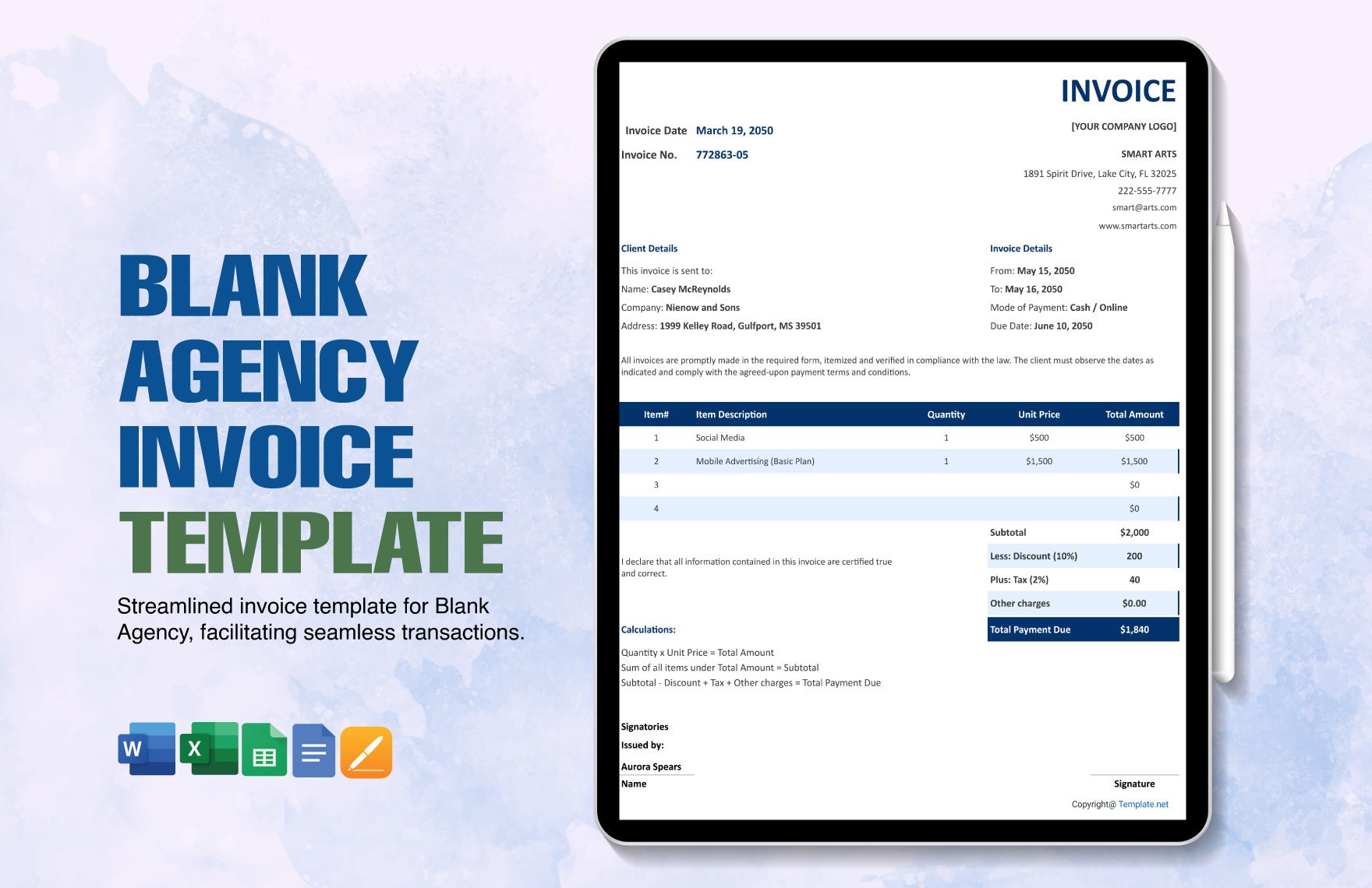 Free Blank Agency Invoice Template in Word, Google Docs, Excel, Google Sheets, Apple Pages