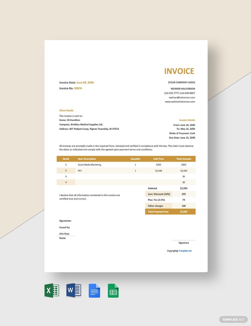 Free Basic Agency Invoice Template in Word, Google Docs, Excel, Google Sheets, Apple Pages