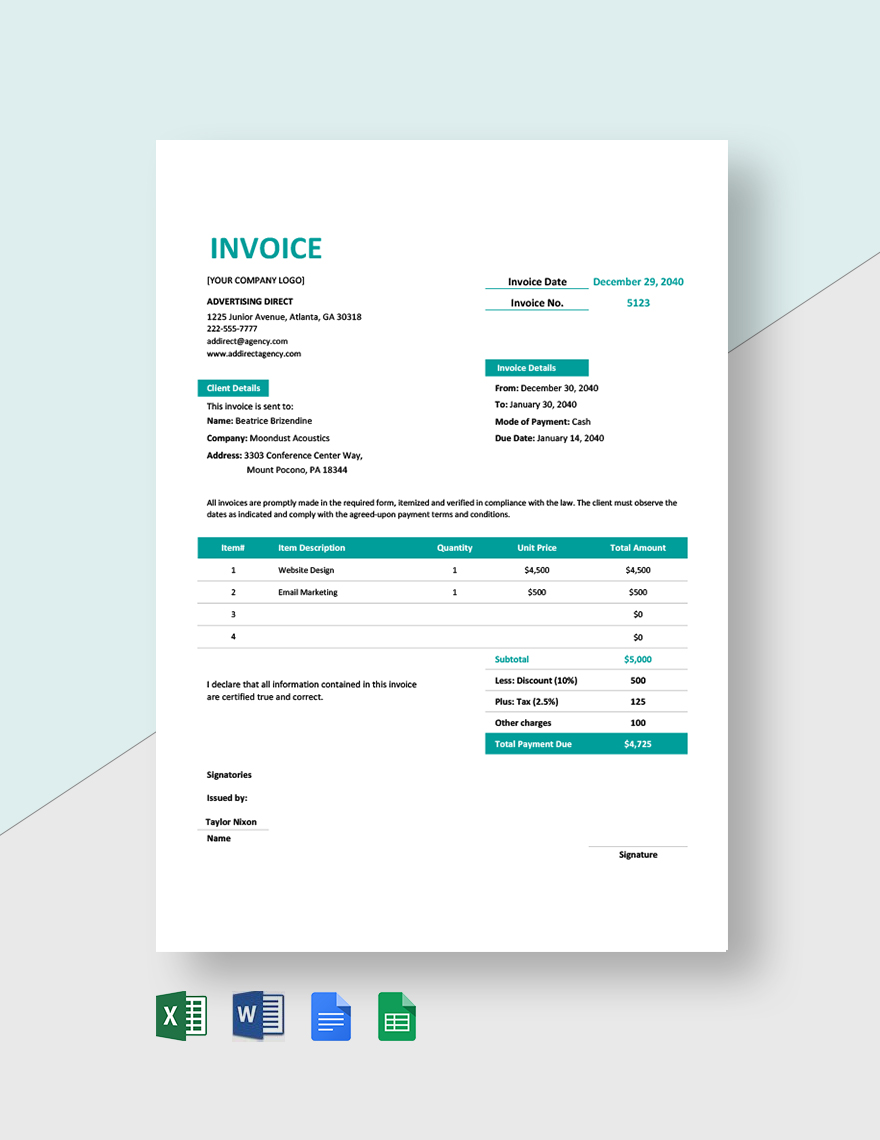 Professional Agency Invoice Template in Word, Excel, Google Docs, Google Sheets, Pages - Download | Template.net