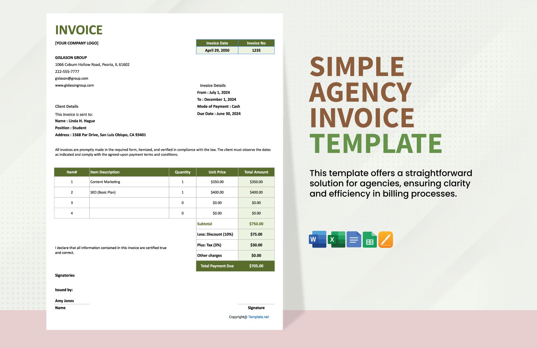 Simple Agency Invoice Template in Word, Google Docs, Excel, Google Sheets, Apple Pages