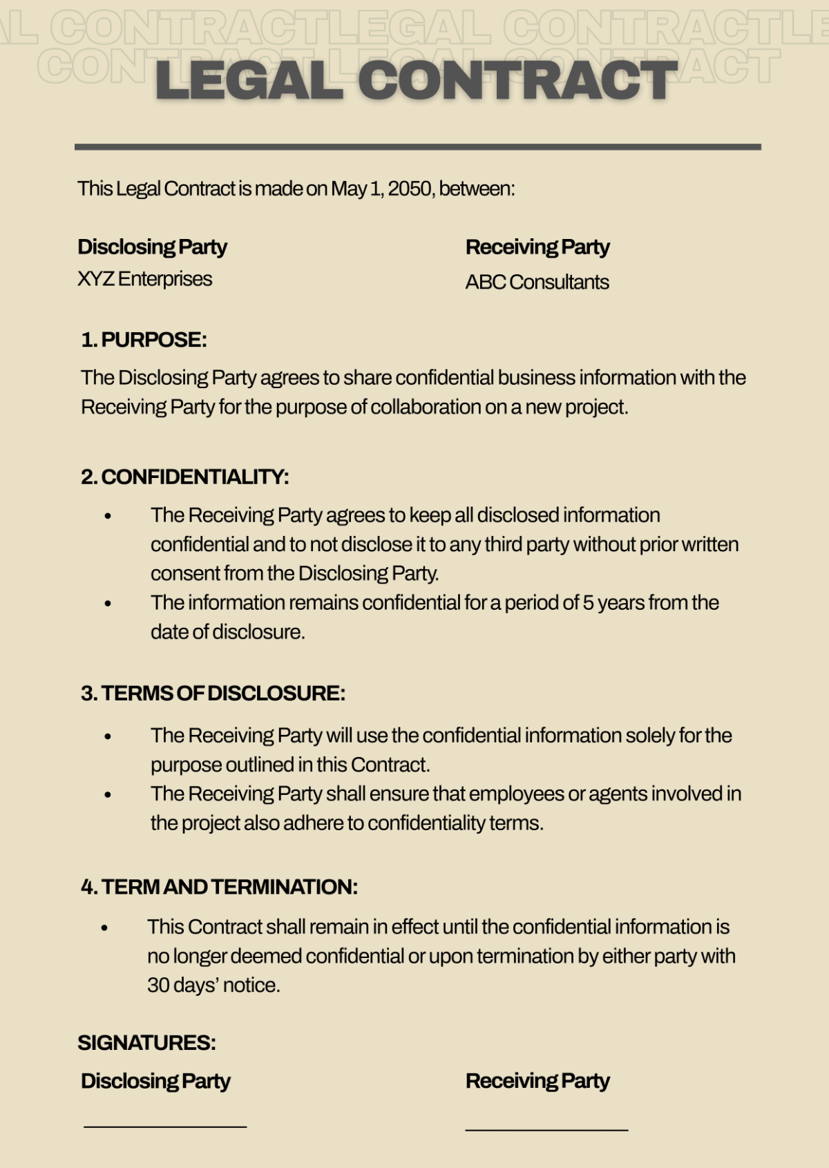 Free One Page Legal Contract Format Template to Edit Online