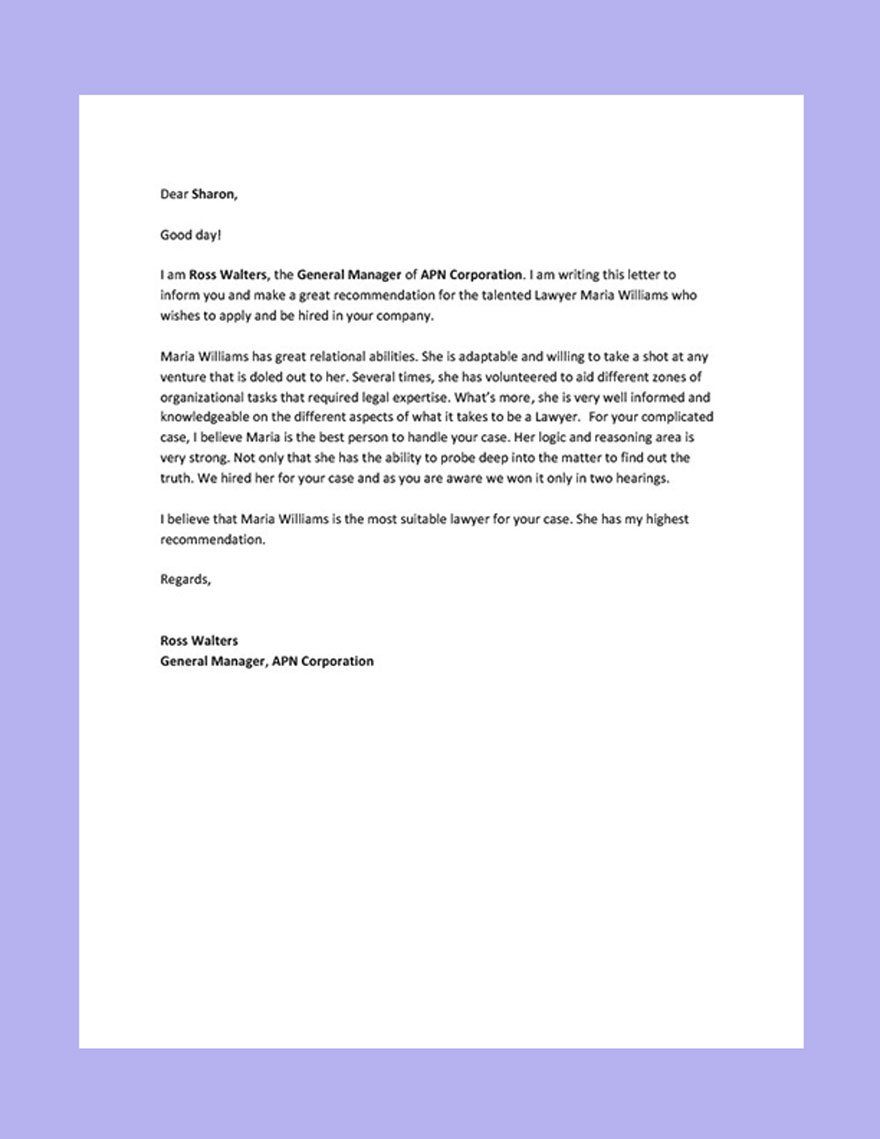 Free Lawyer Recommendation Letter Template