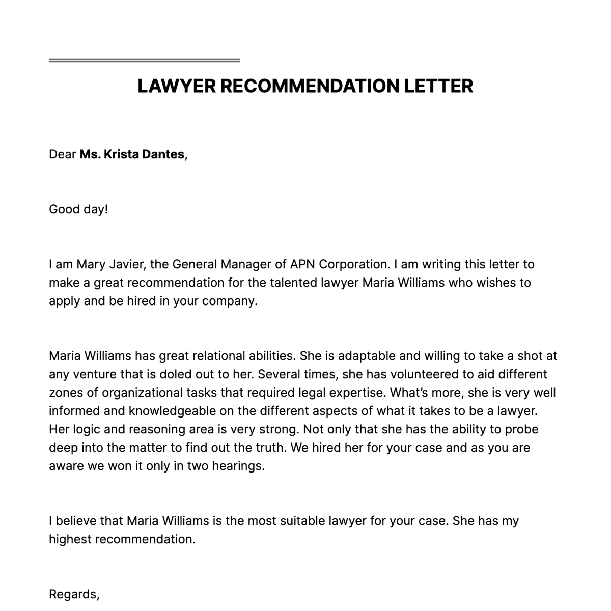 Simple Lawyer Recommendation Letter