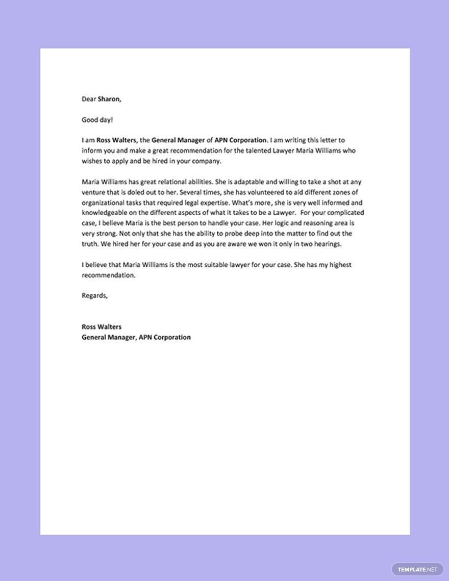 Free Simple Lawyer Recommendation Letter Template