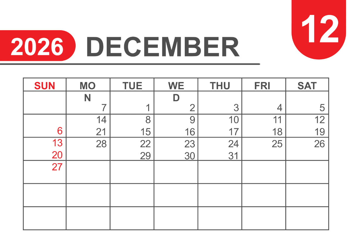 Free Basic 2026 Calendar Template to Edit Online