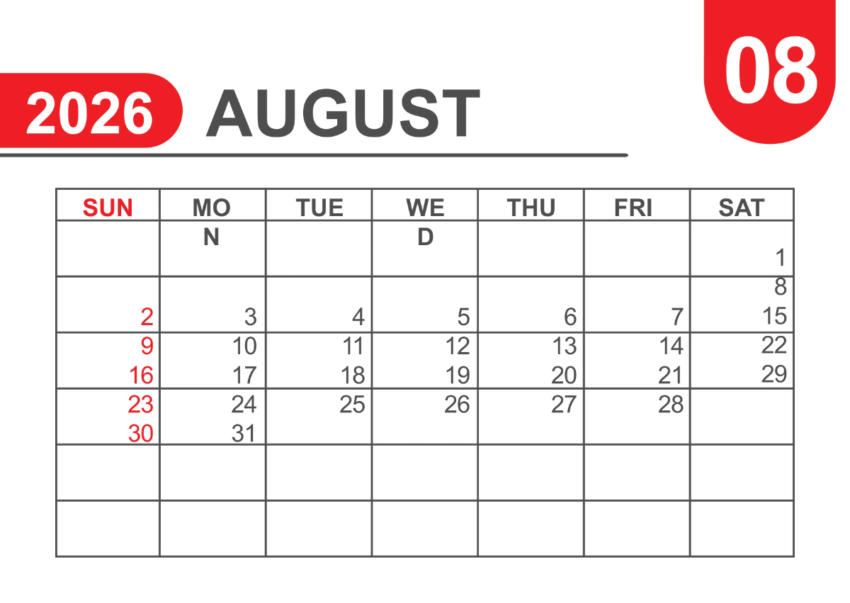 Free Basic 2026 Calendar Template to Edit Online