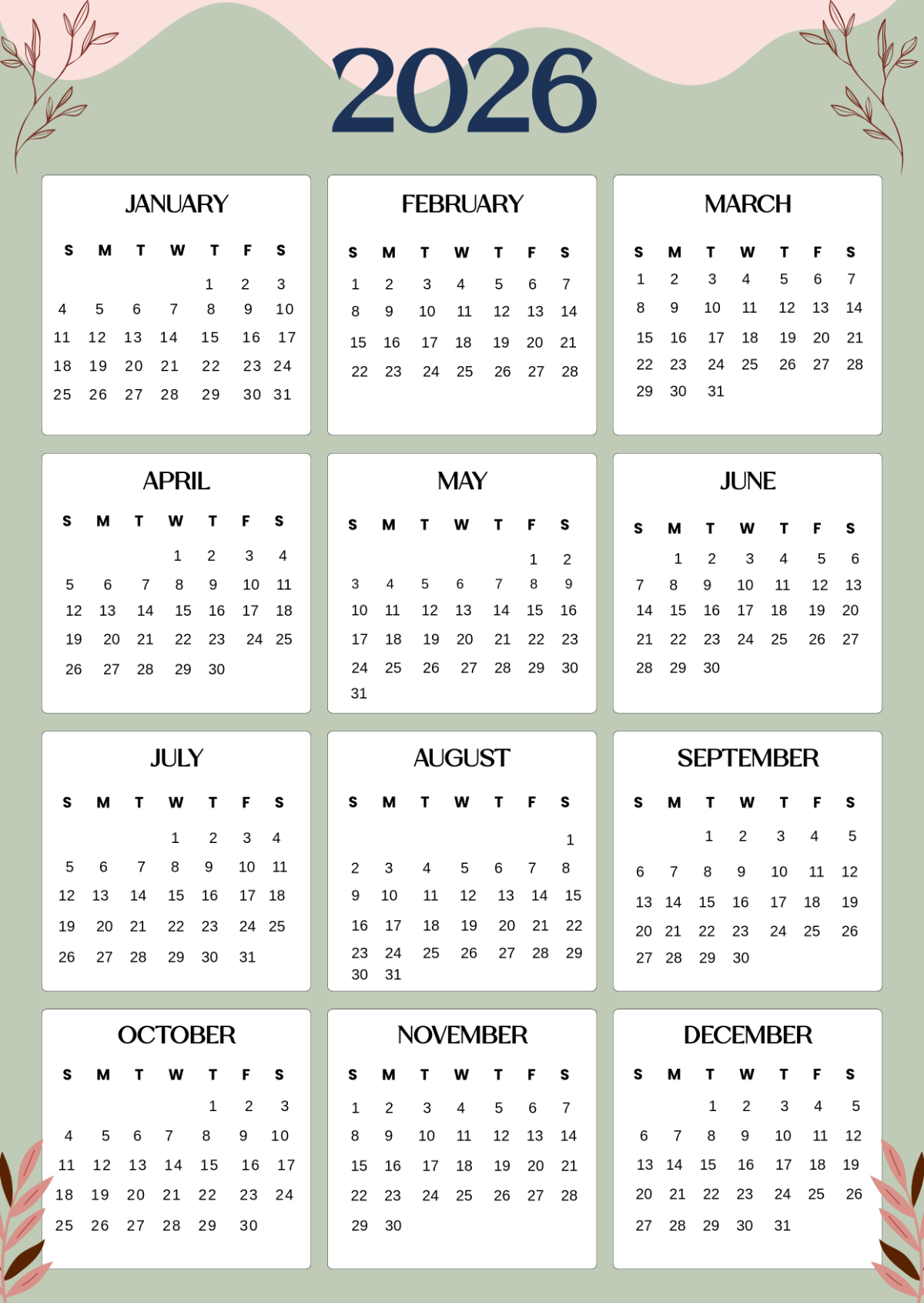 2026 Calendar One Sheet 2026 Calendar One Sheet