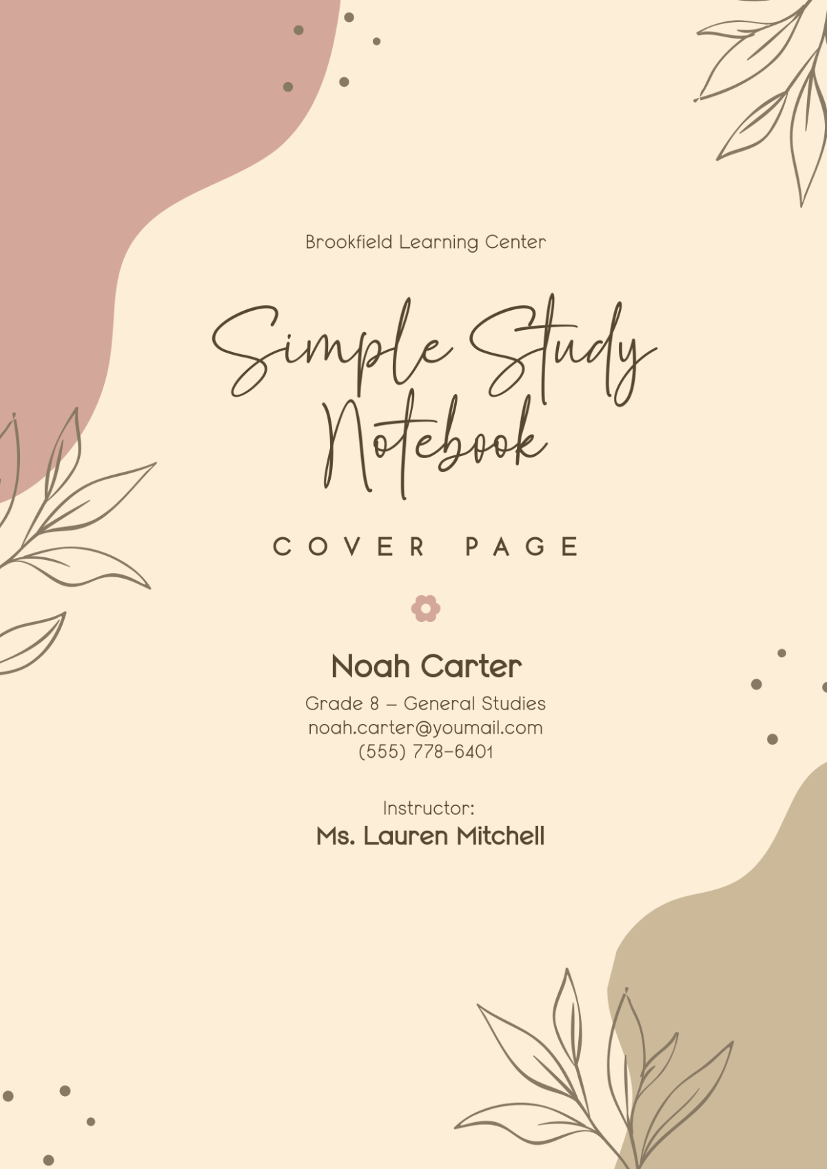 Free Simple Study Notebook Cover Page Template