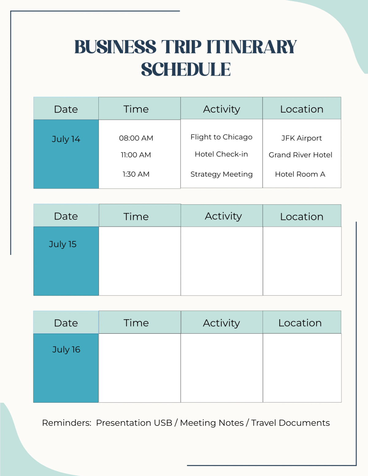 Free Business Trip Itinerary Planner Template to Edit Online
