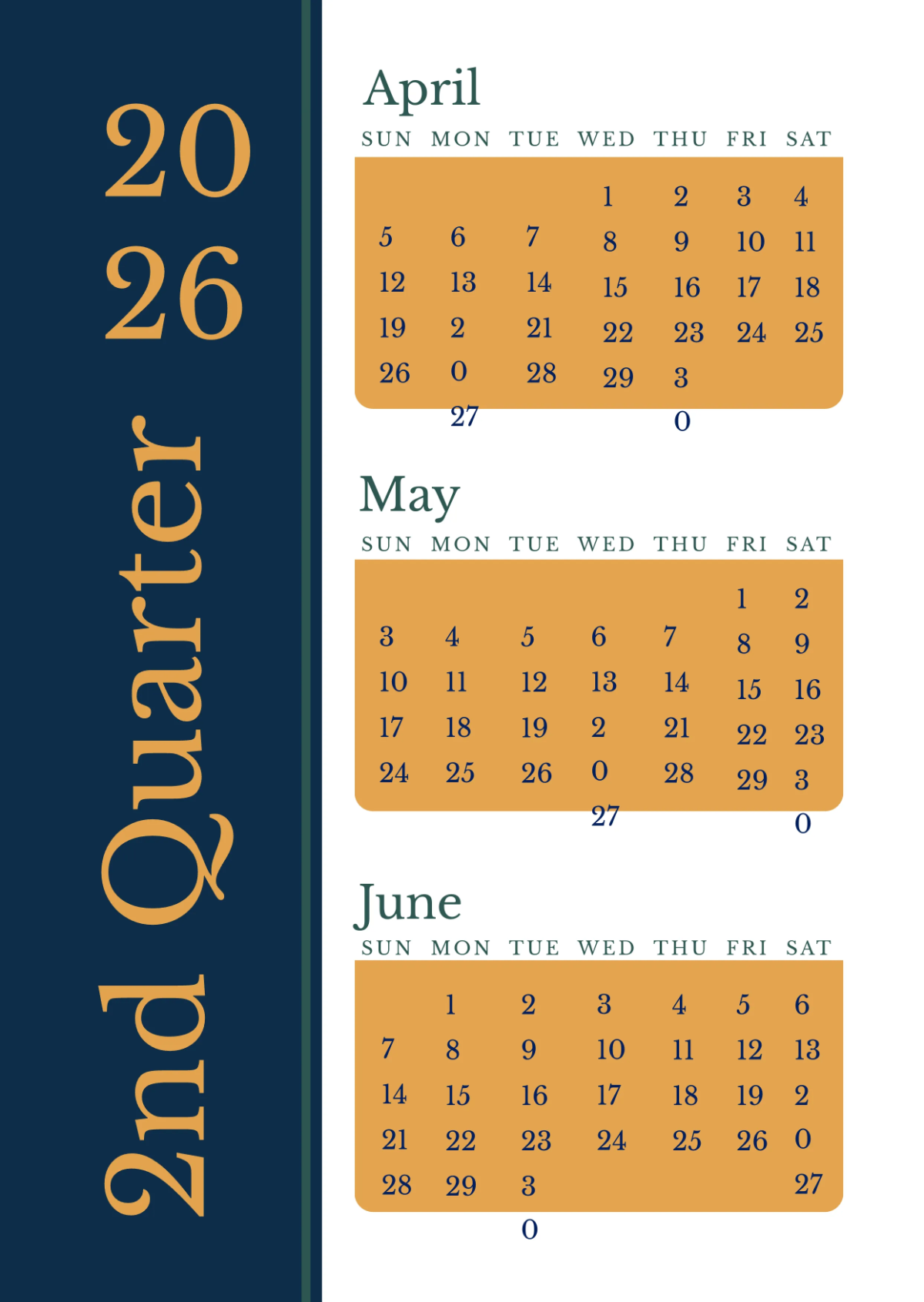 Free Professional 2026 Quarterly Calendar Template to Edit Online