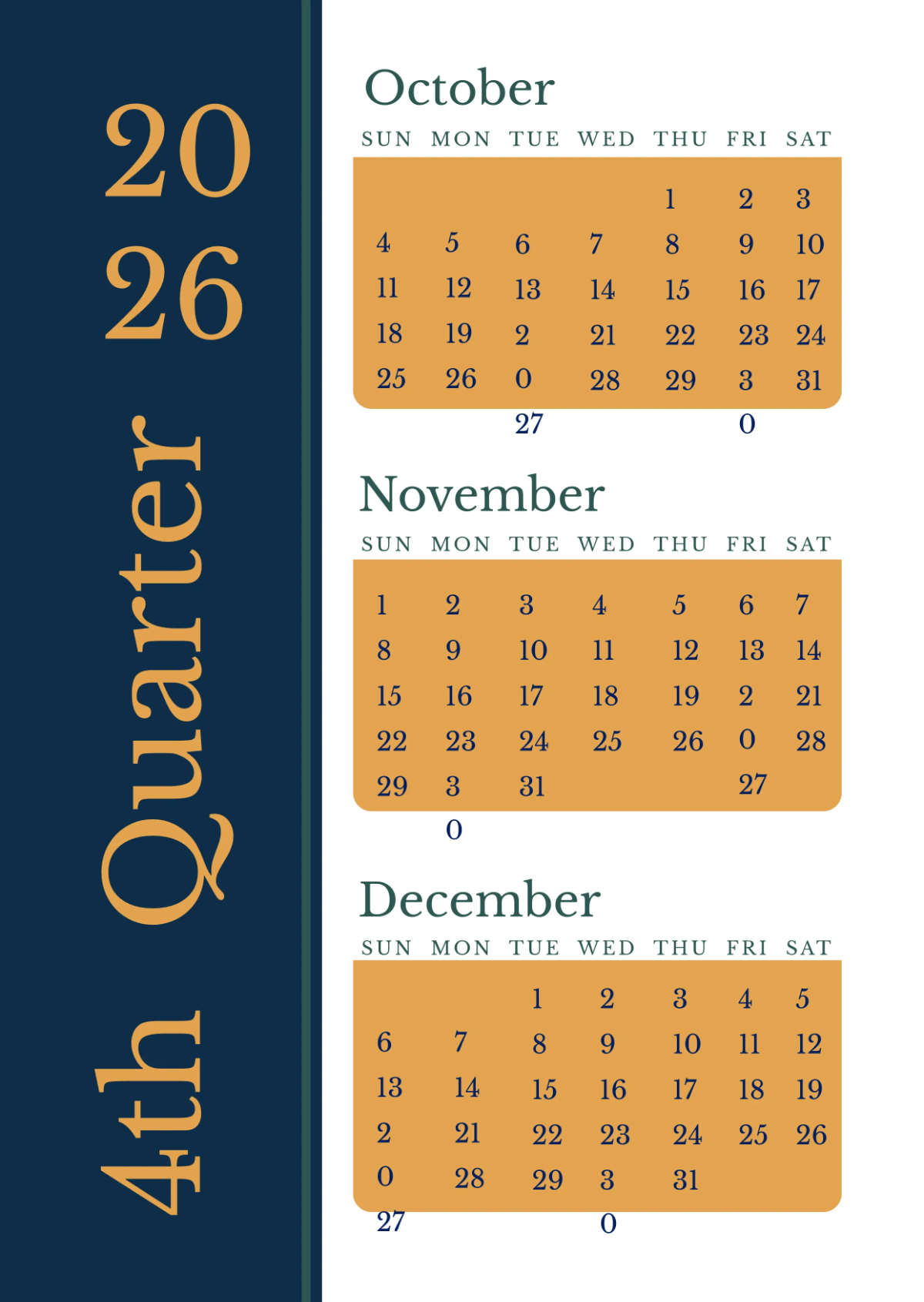 Free Professional 2026 Quarterly Calendar Template to Edit Online
