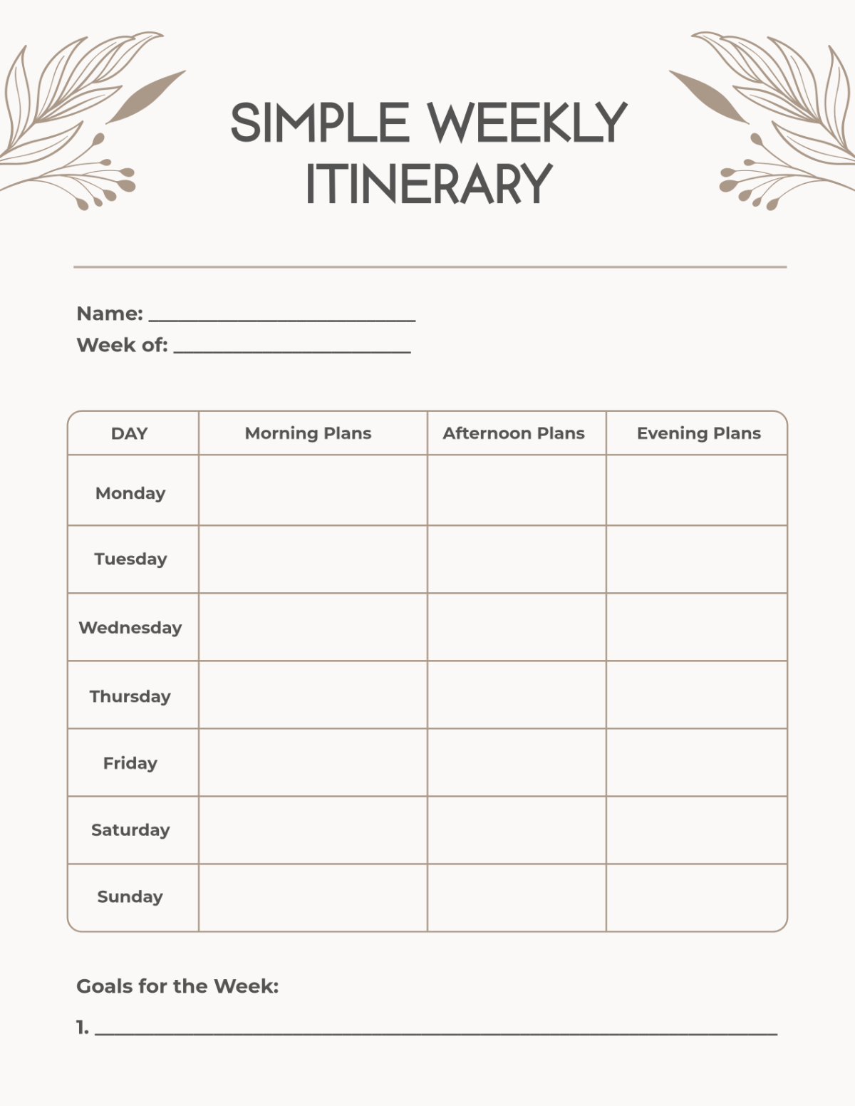 Free Simple and Elegant Weekly Itinerary Template to Edit Online