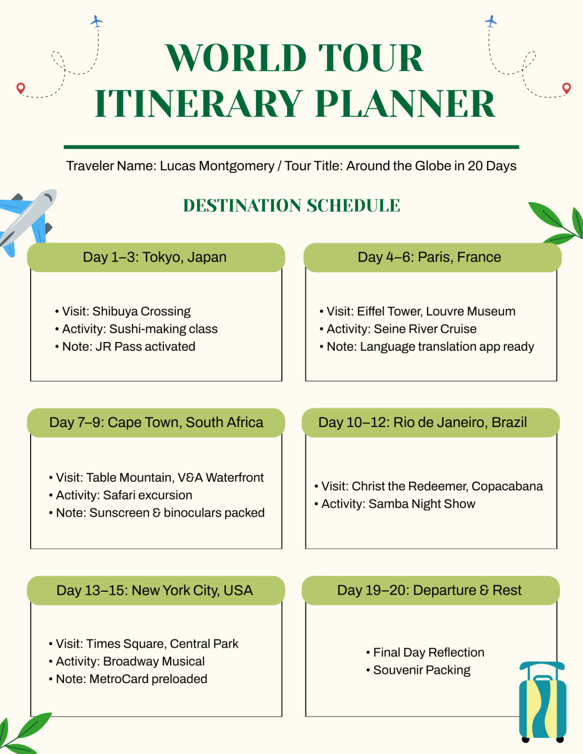 Free World Tour Itinerary Planner Template to Edit Online