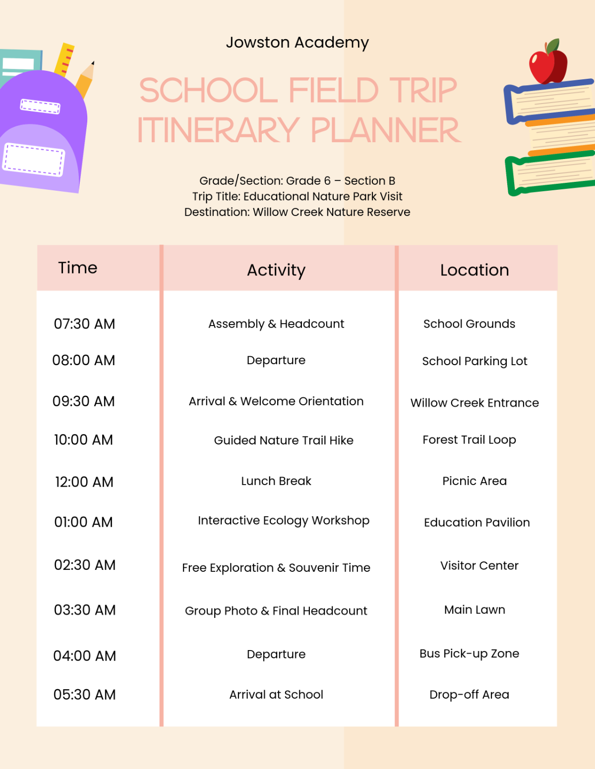 Free School Field Trip Itinerary Planner Template to Edit Online