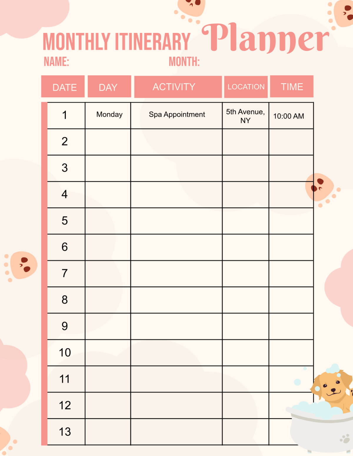 Free Monthly Itinerary Planner Template to Edit Online
