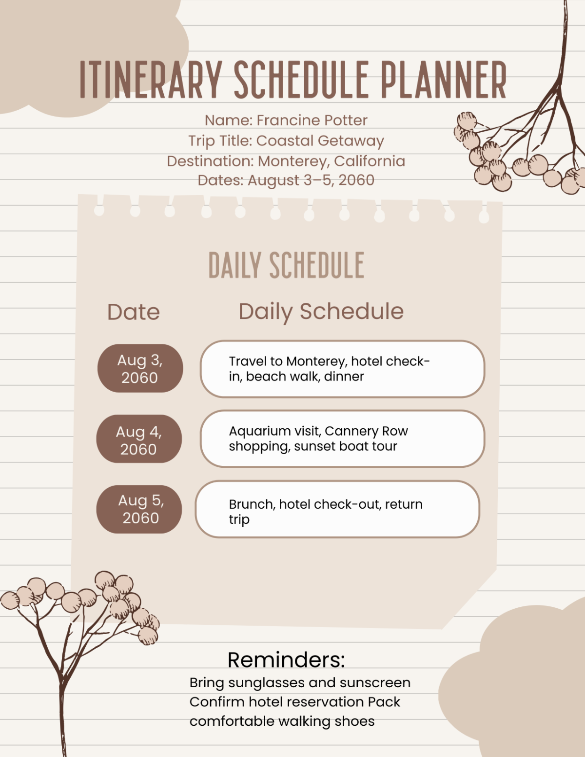 Free Itinerary Schedule Planner Template to Edit Online