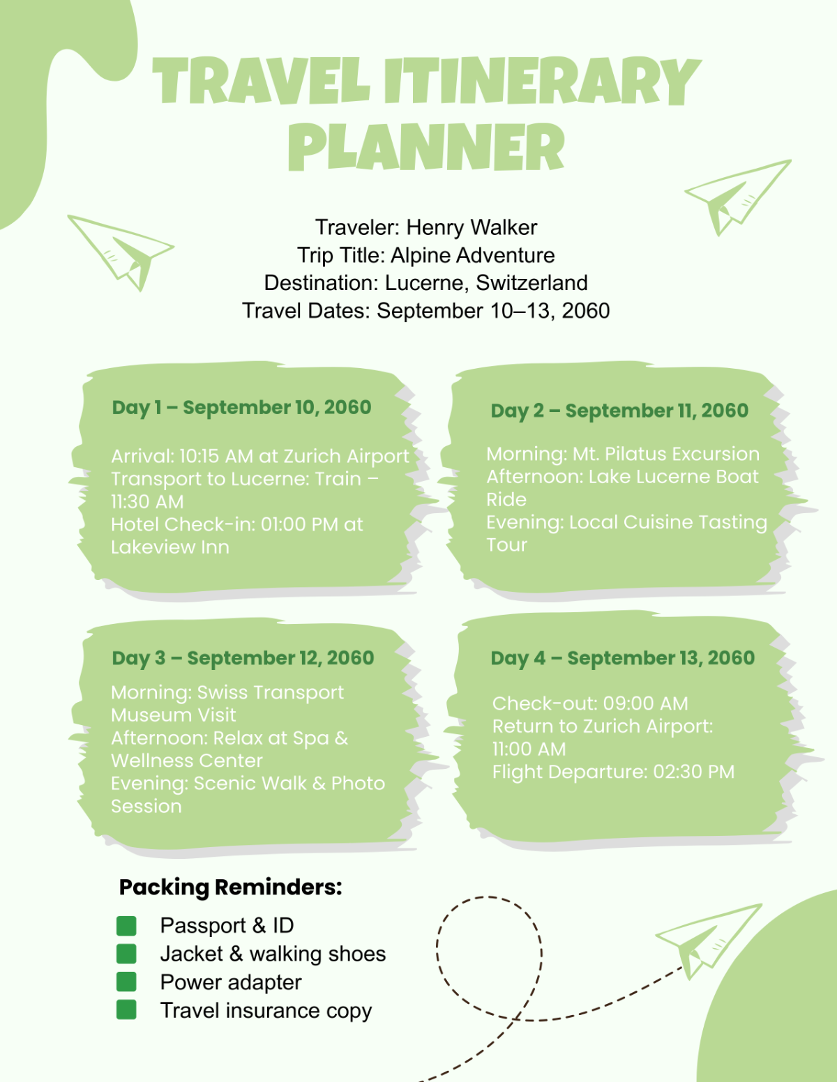 Free Green Travel Itinerary Planner Template to Edit Online