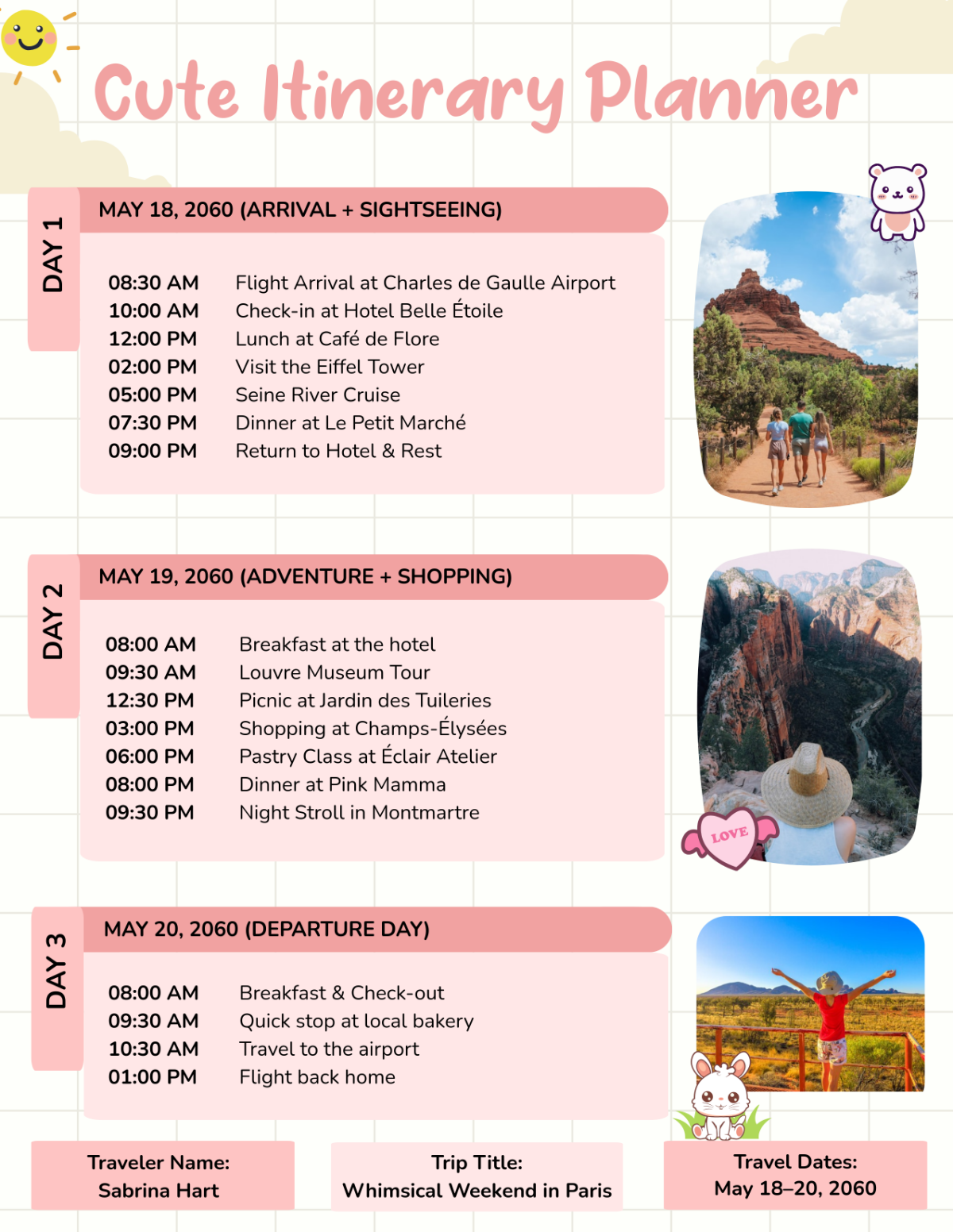 Free Cute Itinerary Planner Template to Edit Online