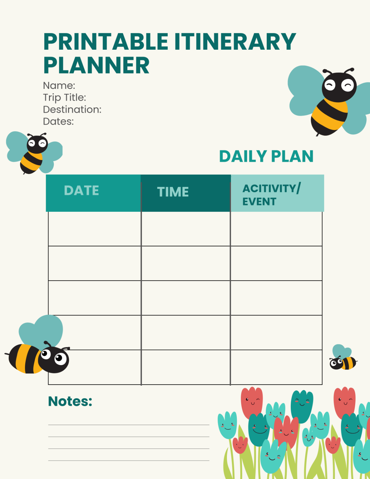 Printable Itinerary Planner Template