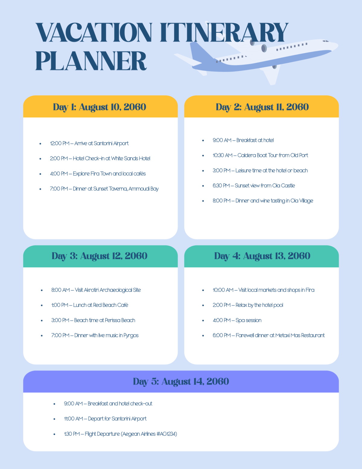 Free Vacation Itinerary Planner Template to Edit Online