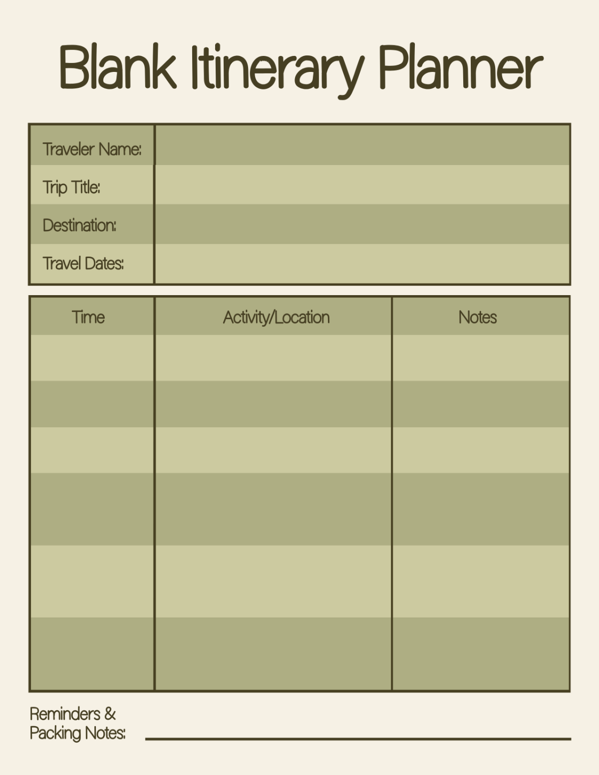 Free Blank Minimalist Itinerary Planner Template to Edit Online