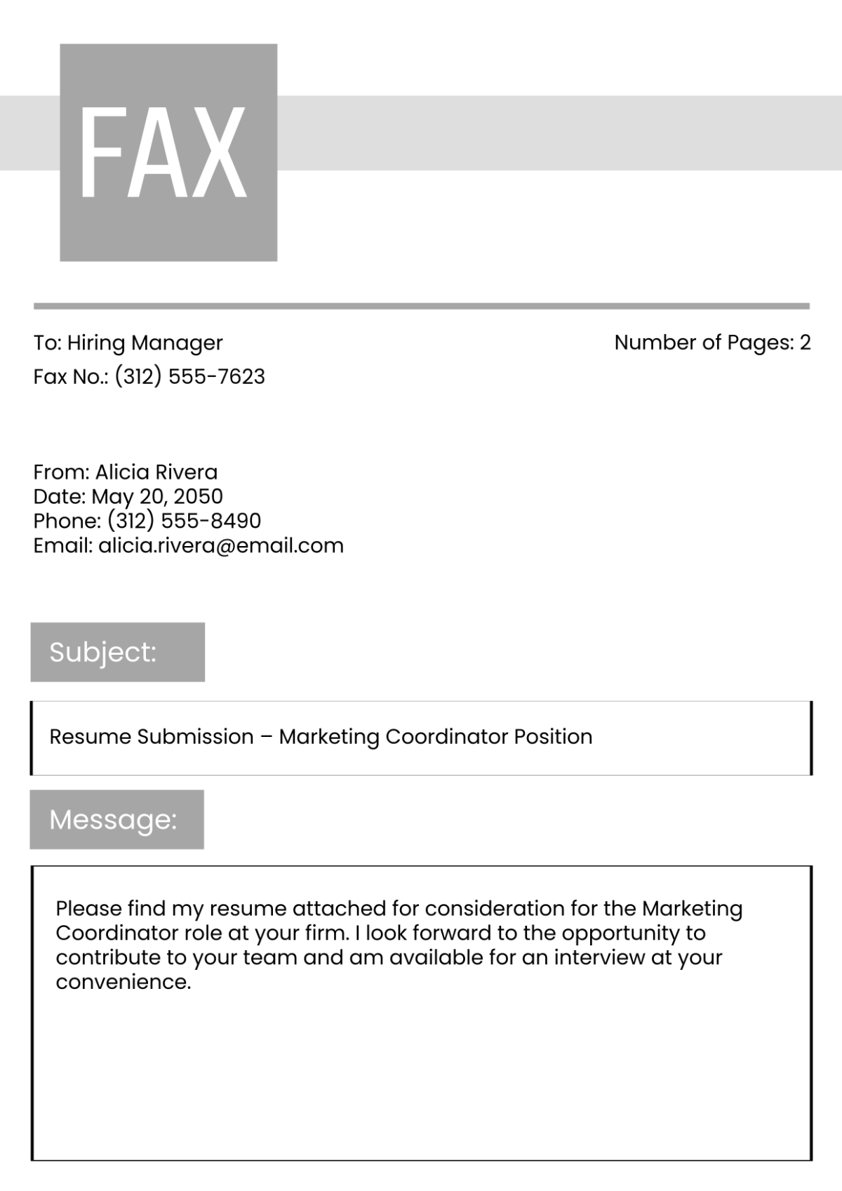 Free Resume Fax Cover Page Template