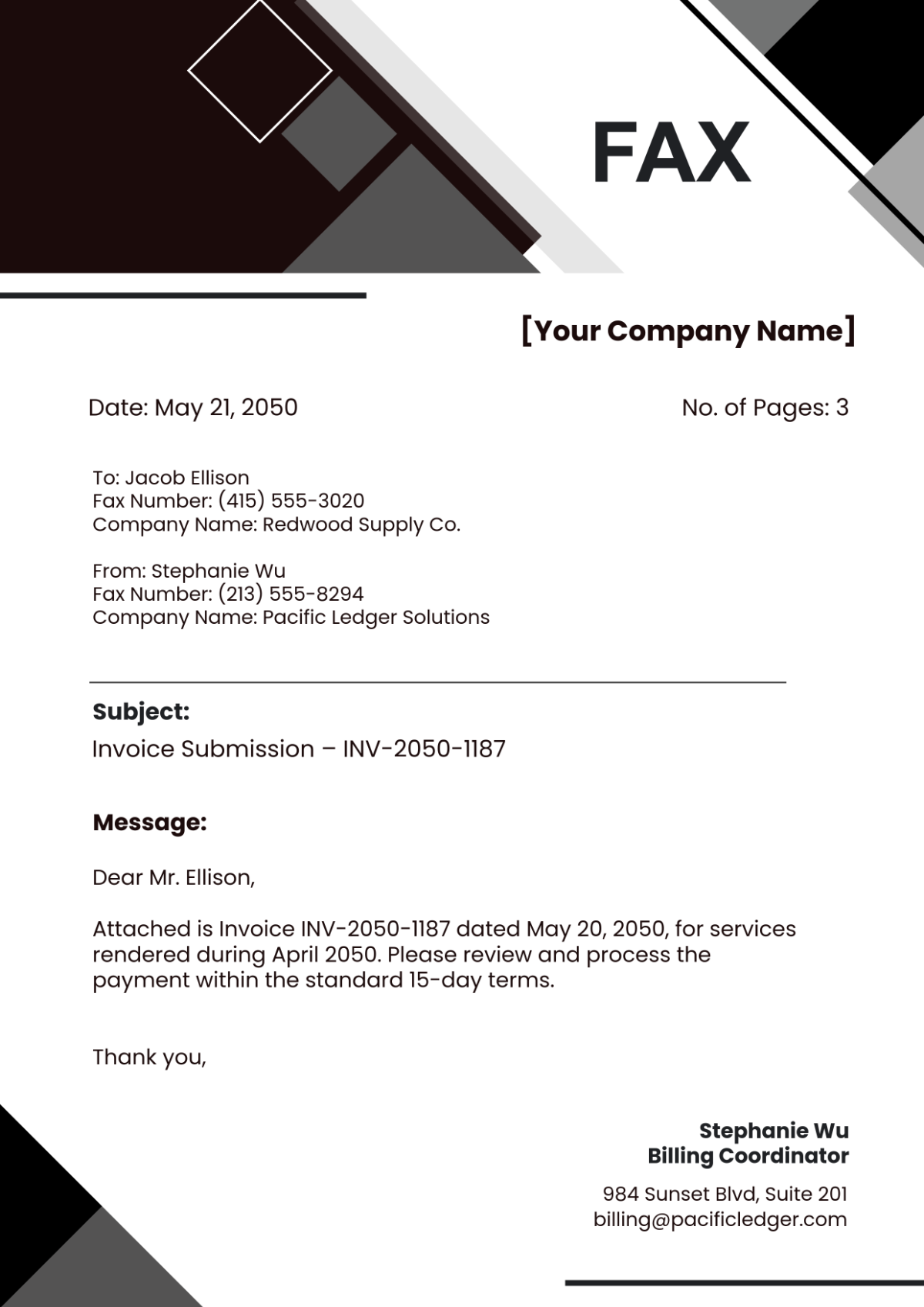 Free Invoice Fax Cover Page Template