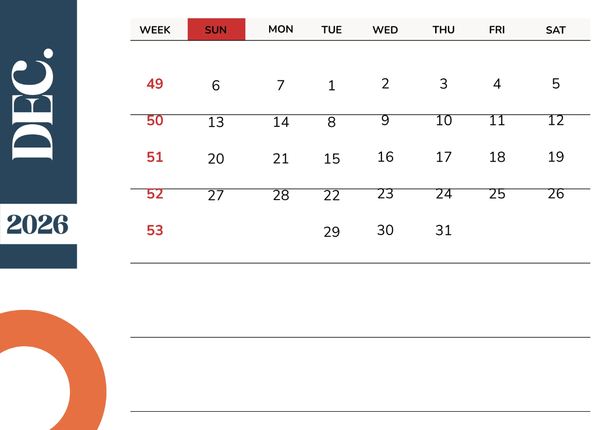 Free 2026 Calendar with Week Numbers Template to Edit Online