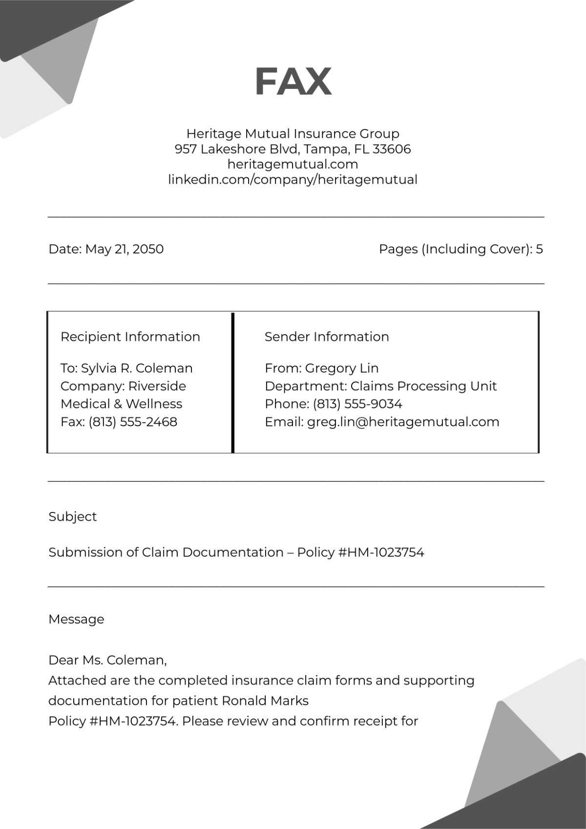 Free Insurance Fax Cover Page Template