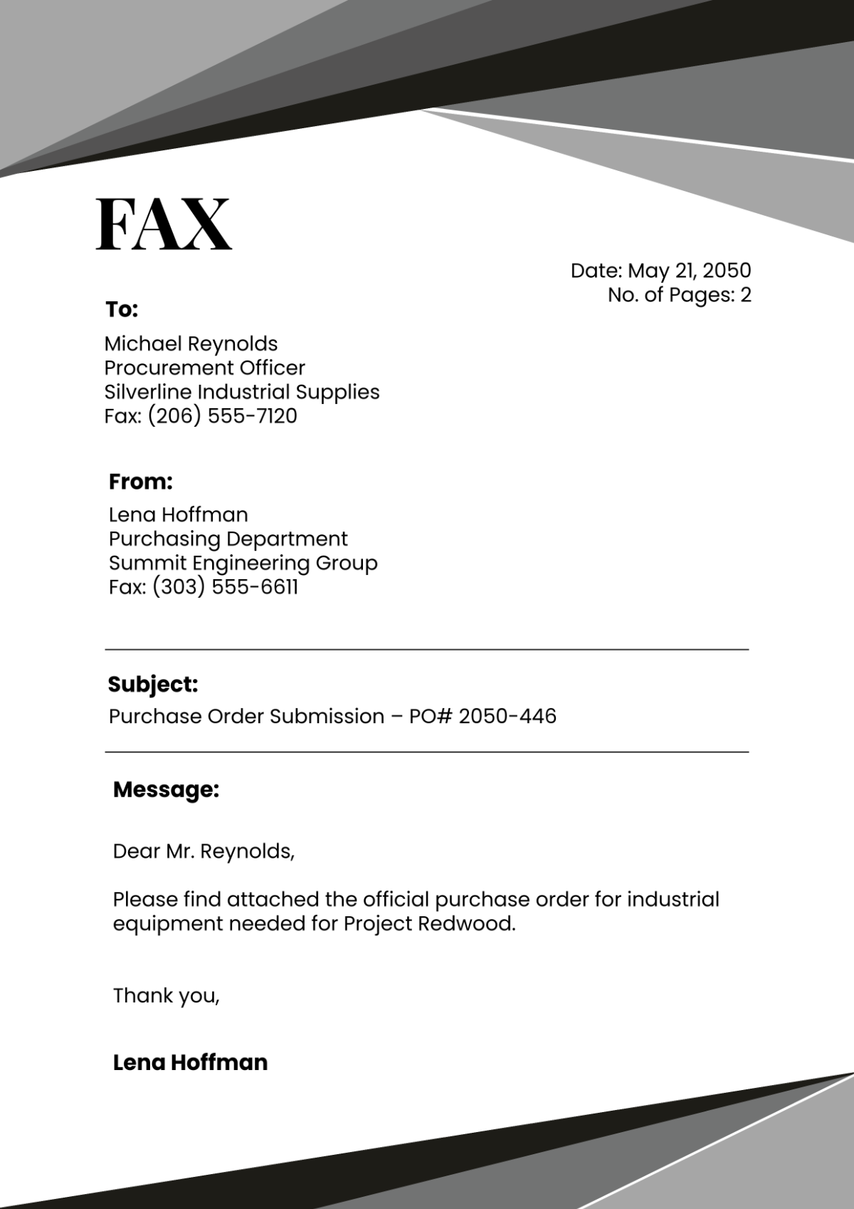 Free Purchase Order Fax Cover Page Template