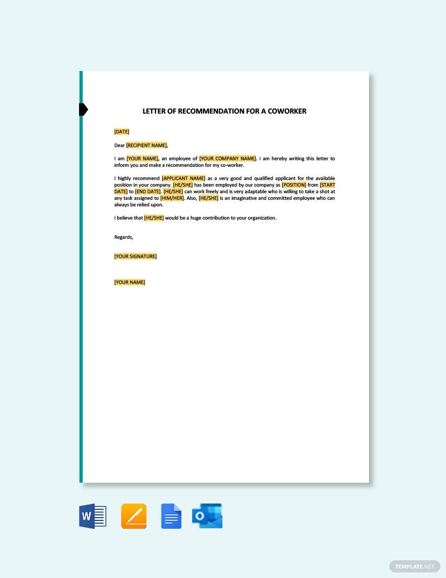 Letter of Recommendation for a Co-Worker in Word, Google Docs, PDF, Apple Pages, Outlook